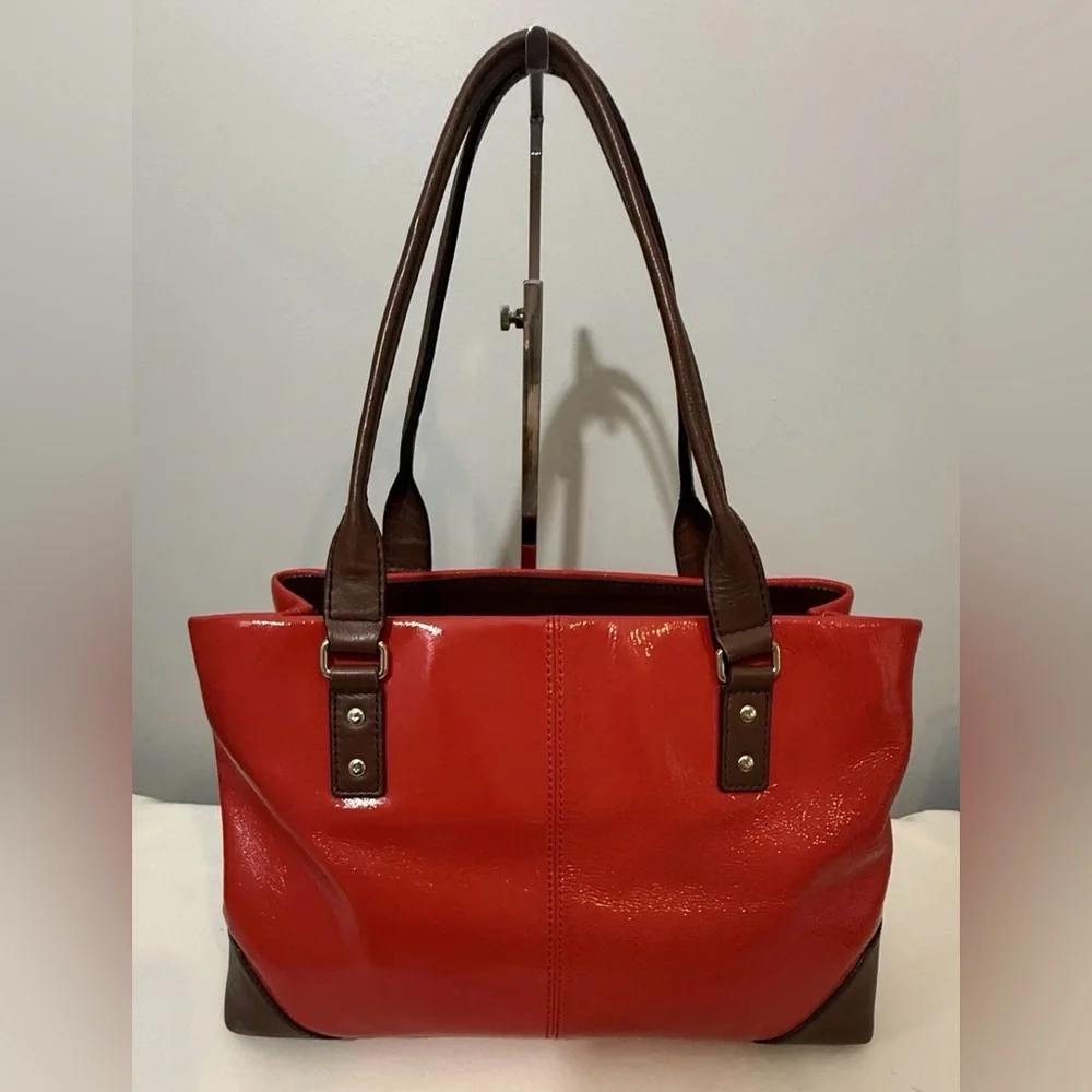 Kate Spade Patent Leather Cherry Red Tote Bag Brown Handles & Trim